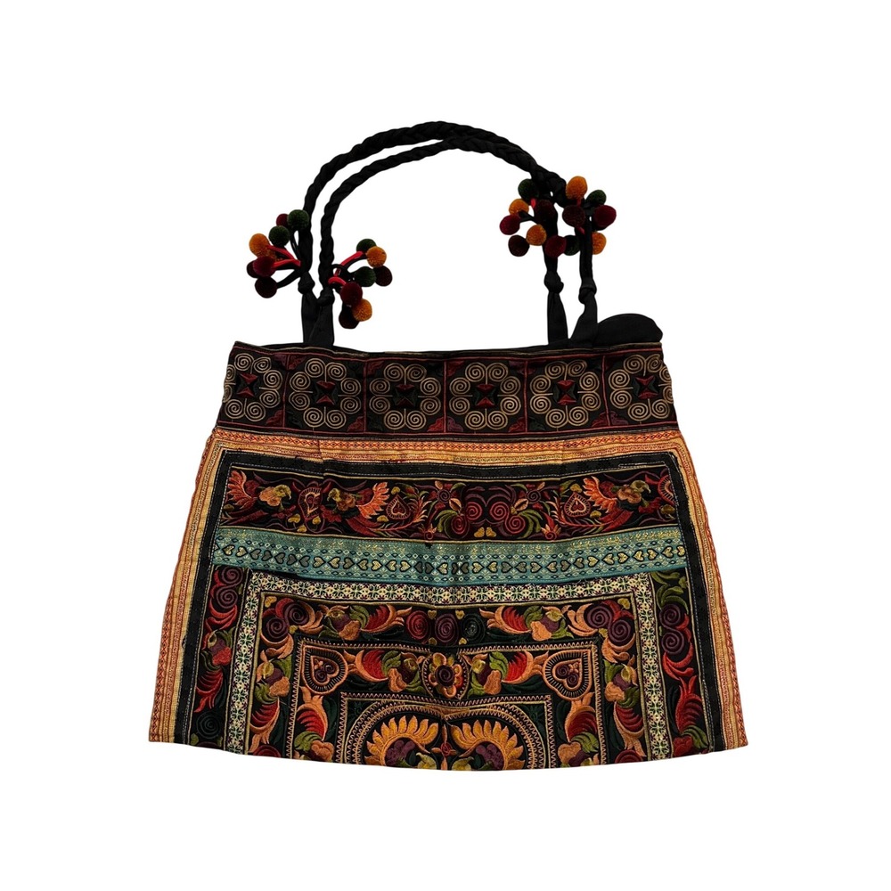 Thai Hmong Black Multi Embroidered Pom Pom Boho Artisan Folk Ethnic Tote Bag